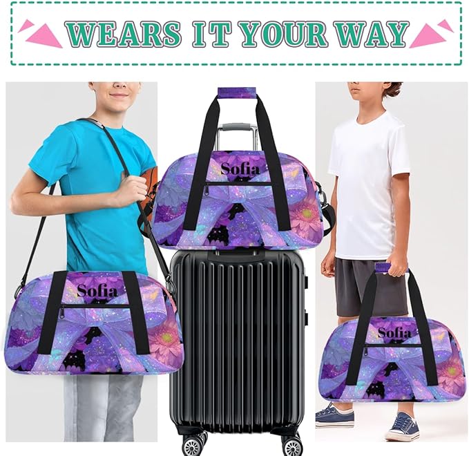 Custom Name Girls Gym Travel Duffle Bag with Front Zipper Pocket Personalized Sports Bag for Overnight, Weekender, Carry On,Workout & Dance, 18.9 * 8.7 * 10.6 in，Purple Bow