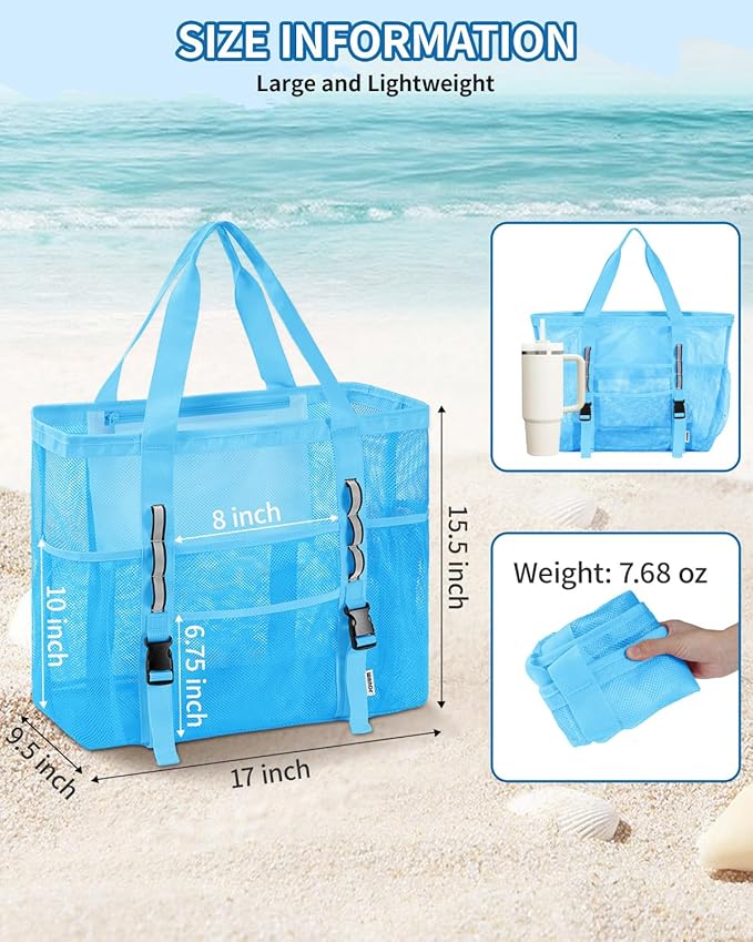 WANDF Mesh Beach Bag for Women, Large Beach Tote Bags with 40oz Tumbler Side Pockets, Family Pool Bag for Swim Toys Towels Cruise Vacation Essentials (Blue) | Breathable