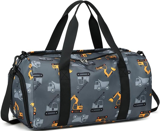 CAMTOP Kids Duffel Overnight Bag Boys Girls Toddler Weekender Carry-On Personalized Tote for Travel Gym Sport (Grey Vehicle)