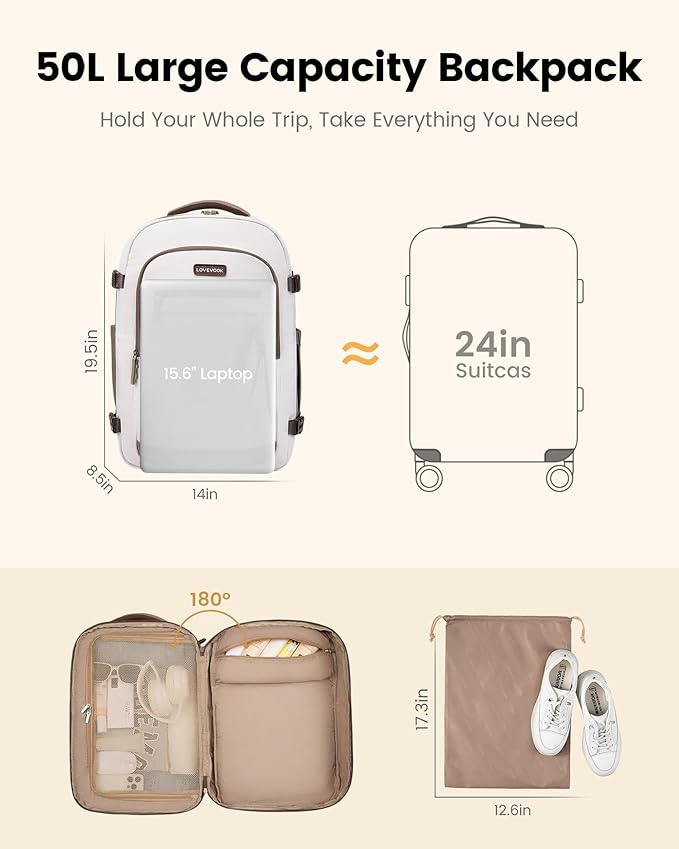 LOVEVOOK 50L Travel Backpack for Women, Airline Approved Carry On Luggage, TSA Personal Item Bag fits 17 Inch Laptop, Waterproof Weekender Overnight Suitcase for Work