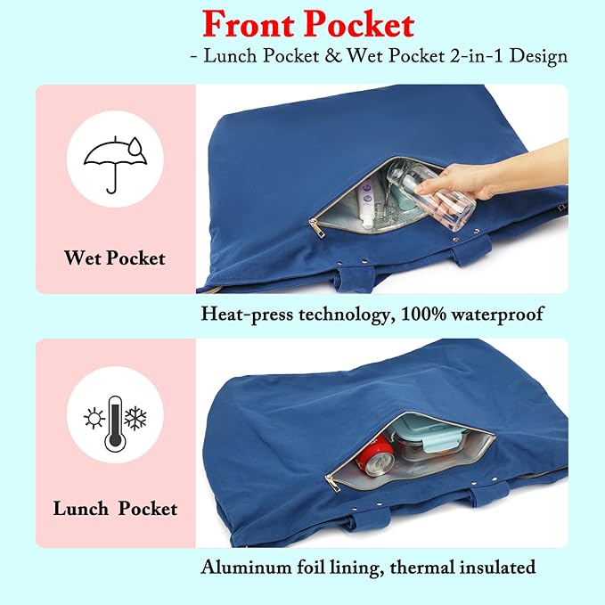 Large Canvas Beach Bag for Women, Beach Bags Waterproof Sandproof with Zipper & Wet Bag Cruise Essentials