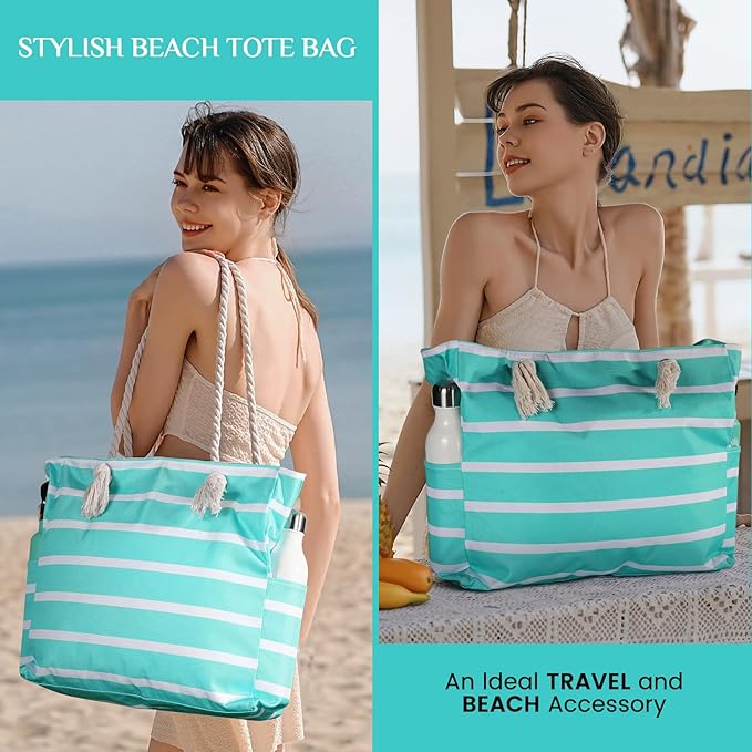 Clothirily Beach Bag for Women - Large Beach Tote Bag, Waterproof Sandproof Beach Bag with Zipper, Large Swim Pool Beach Tote