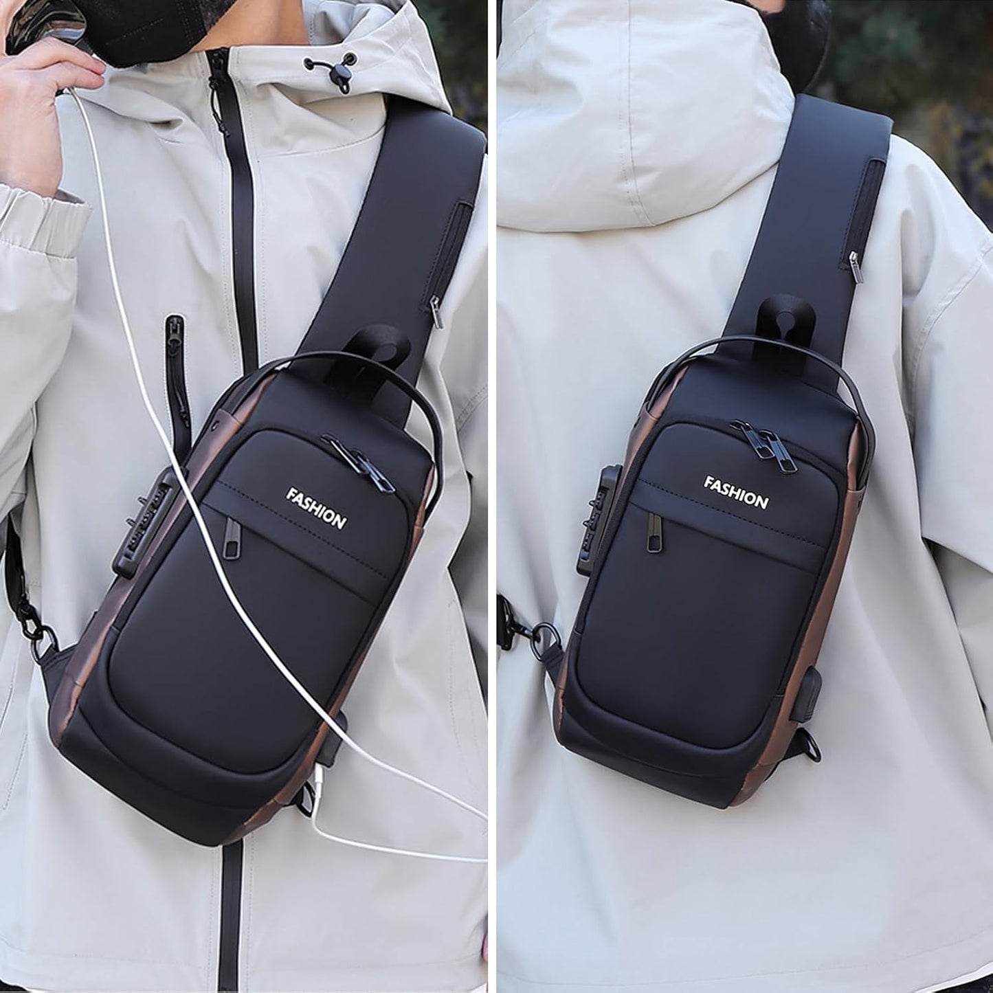 Sling Bag for Men Anti-theft USB Crossbody Shoulder Backpack Purse Waterproof PU Leather Chest Bag Travel Daily Use