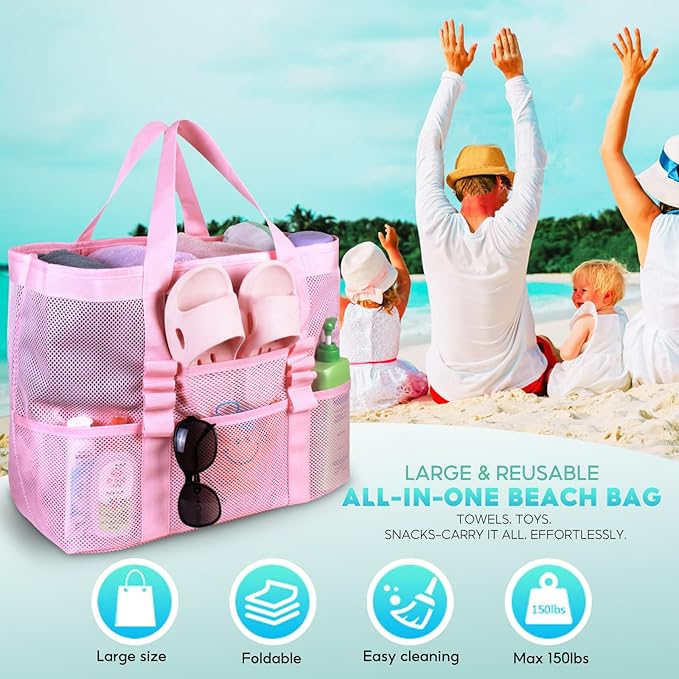 Large Mesh Beach Bag – Lightweight Beach Tote with 9 Pockets, Beach Bag for Women, Men, Family Essentials