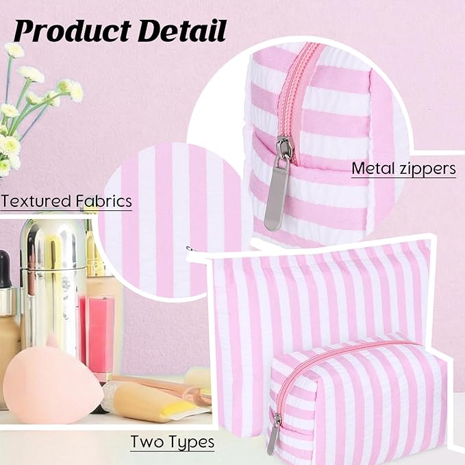 2 Pcs Makeup Bag Set Cute Cosmetic Pouch for Women Seersucker Travel Toiletry Bag Preppy Small Makeup Purse Pouch Aesthetic Skincare Brushes Storage Organizer for Valentine Women(Pink Wide)