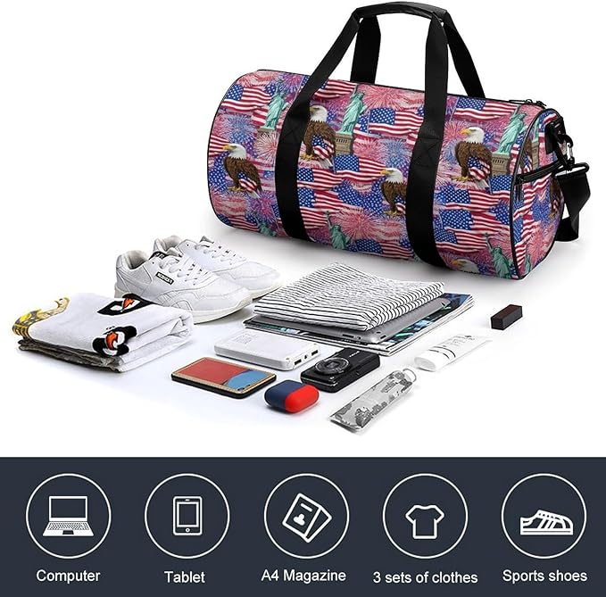 Travel Duffle Bag Statue of Liberty America Flag Eagle Carry On Weekender Bags Workout Lightweight Duffel Bags for Men and Women