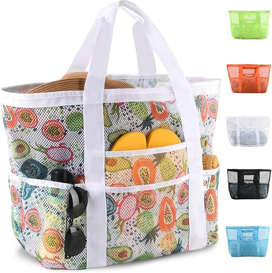 CaCTOUR Mesh Beach Bag,Large Beach Bags for Women with 8 Pockets,Packable Tote Bag for Beach Cruise Pool Vacation Essentials