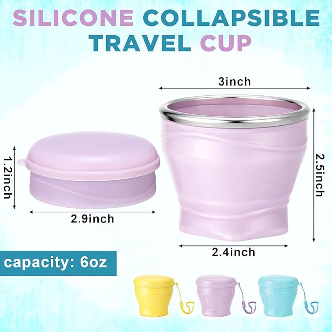 Zhehao 3 Pack Collapsible Travel Cup 6oz/180ml Silicone Collapsible Travel Water Cup Silicone Foldable Mug with Lid for Camping, Hiking, Outdoors(Yellow, Purple, Blue)