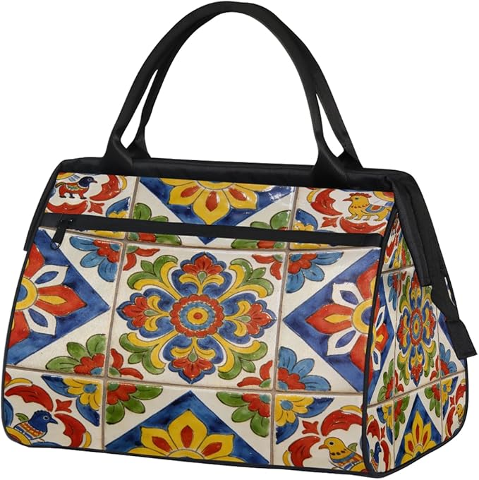 Travel Gym Carrying Bag - Talavera Tile Overnight Weekender Bag for Women Men Girls - Shoulder Large Capacity Tote Bag for Travel, Yoga, School,Mommy Hospital Bag for Labor and Delivery