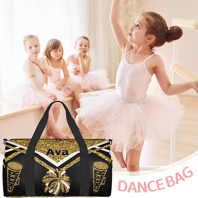 Custom Cheerleading Bag for Dancer, Overnight Duffel Tote Cheerleaders Personalized Sport Gym Travel Practice Gymnastics Duffel Bag, Yellow Gold Glitter Black