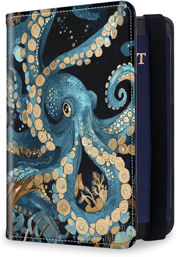 RFID Security Premium Passport and Travel Document Holder Combo, Slim PU Leather Folio Wallet with 3 Card Slots & Boarding Pass Pocket, Secure Elastic Closure Organizer, Blue Octopus