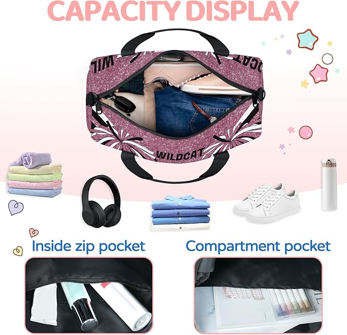 Custom Gym Dance Bag Cheerleading Theme, Personalized Dark Pink Glittering Cheerleader Sports Bag for Teens Waterproof Weekender Carry Practice Travel Tote
