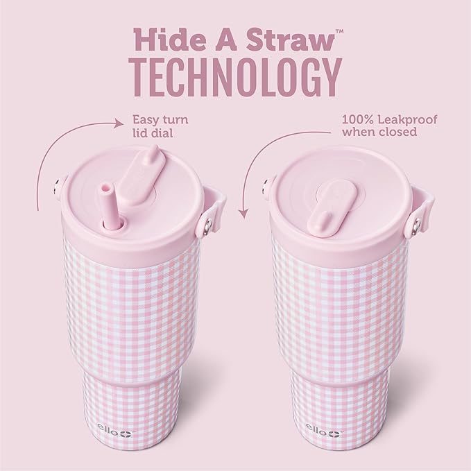 Ello Oasis Go+ 32oz Tumbler with Top Handle and Retracting Straw | Reusable Insulated Stainless Steel Cup, 100% Leakproof Water Bottle, 24 Hours Cold, Cup Holder Friendly For Travel | Pink Gingham