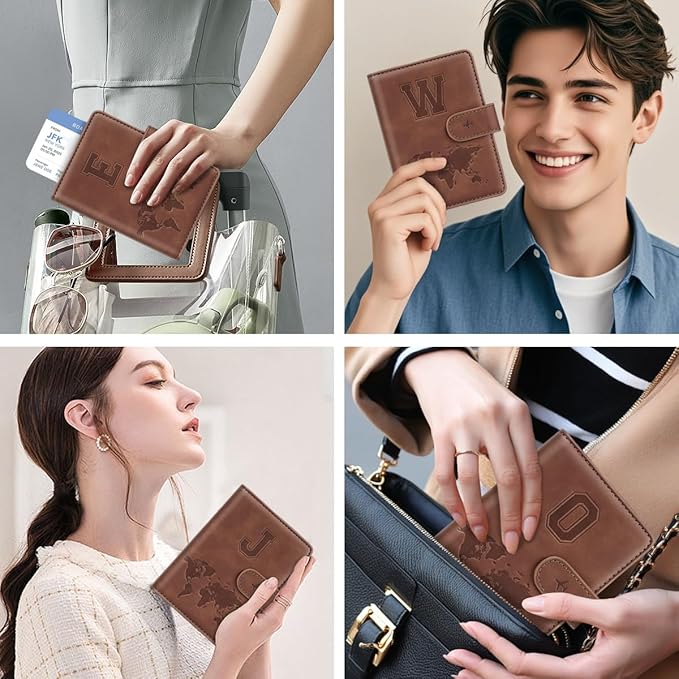 Passport Holder Wallet Cover Personalized Letter A-Z Travel Wallet RFID Blocking Passport Cover Wallet Case for Travel Passport Book Holders for Women and Men, Brown-O