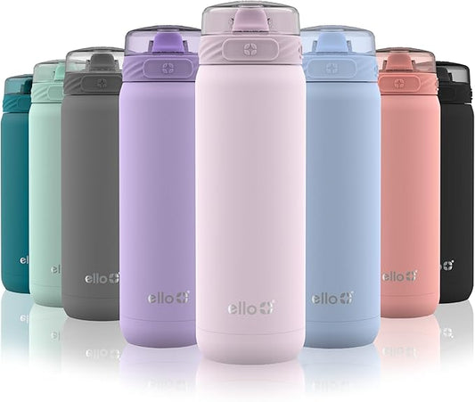 Ello Cooper 40oz Stainless Steel Water Bottle with Straw and Carry Handle, Double Walled and Vacuum Insulated Metal, Leak Proof Locking Lid with Soft Silicone Spout, Reusable, BPA Free, Cashmere Pink