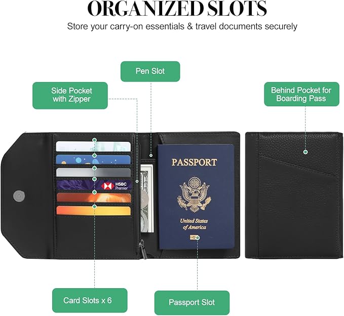 Leather Passport Holder for Travel,Rfid Passport Holder Protect Your Card Security,Passport Book Holder for Men Women,Travel Wallet with Cards & Pen Slot,Boarding Pass,Zipper Cash Pocket(Black)
