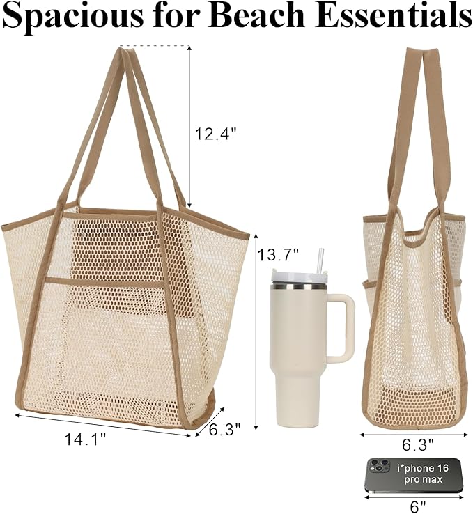 F-color Mesh Beach Bag Family - Large Tote Bag 9 Pockets for Swim Pool Toys Cruise Beach Vacation Essentials