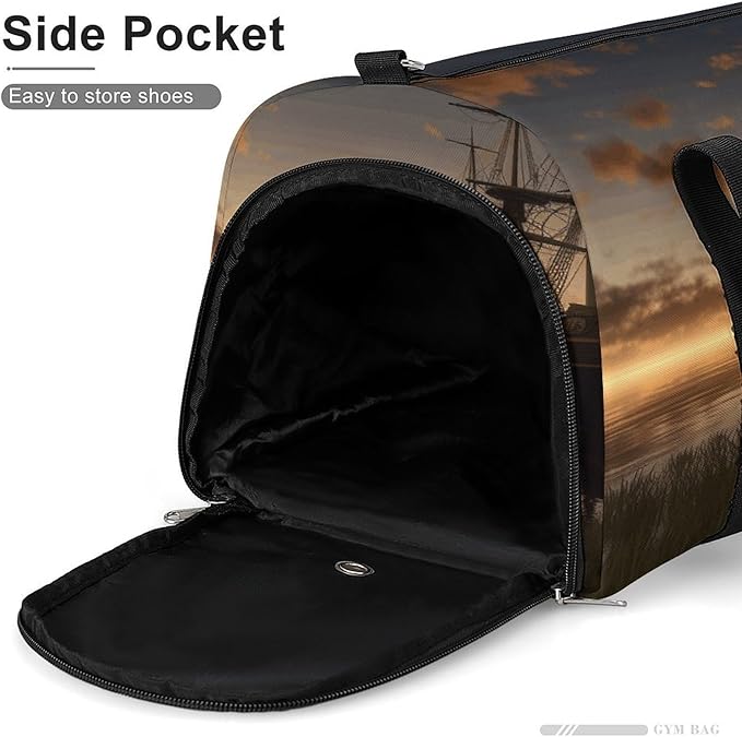 Ship in The Lake Sunset Gym Bag Lightweight ，Travel Duffle Bag with Shoe Compartment，Gym Bag for Women for Overnight, Weekend, Yoga, Gym, Business Trips, Sport And Hospital.