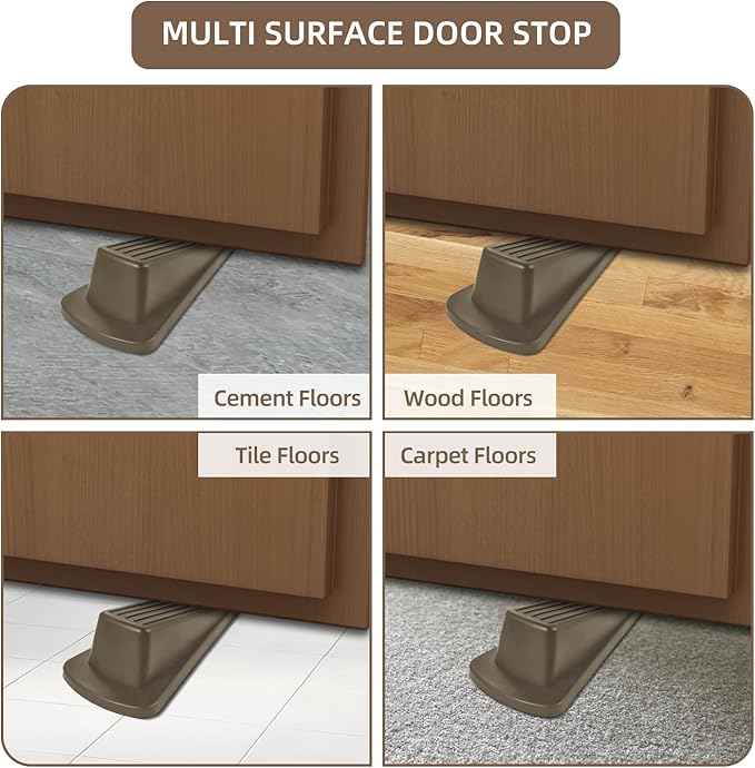 Door Stoppers for Bottom of Door on Floor, Premium Rubber Door Stopper Wedge, Floor Sturdy Stackable Door Stops for Carpet Heavy Duty Door (Brown, 2 Pack)
