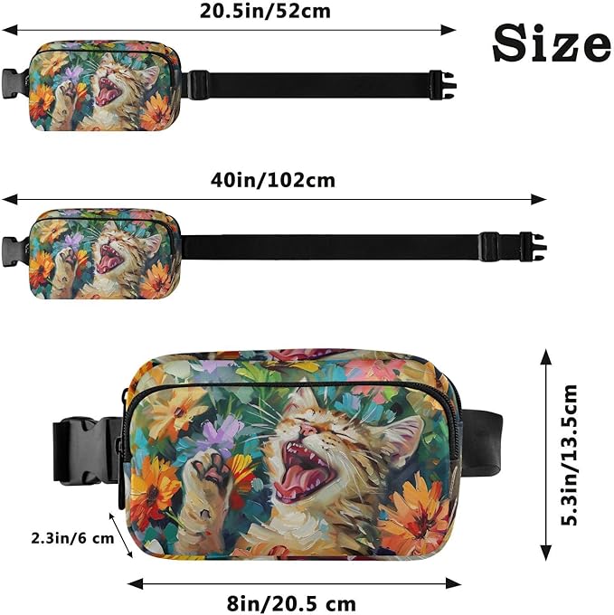 Cat Flower Oil Painting Fanny Pack for Women Men Water Resistant Fashion Waist Packs with Adjustable Strap Belt Bag for Travel Workout Jogging Hiking 21220497