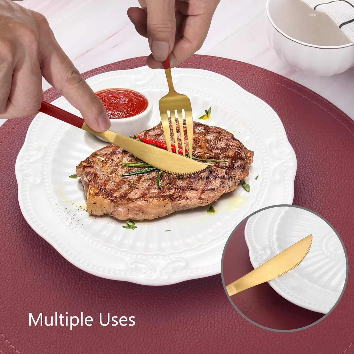 Matte Red Gold Silverware Set, 20-Piece Stainless Steel Flatware Set, Satin Finish tableware Cutlery Set, Service for 4, Home and Restaurant, Dishwasher Safe