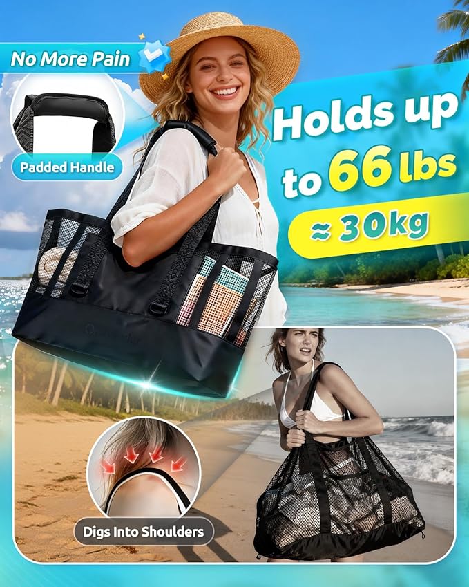 Large Mesh Beach Tote Bag - 50L Pool Bags with 2 Inner Zipper Waterproof Pockets for Swim Toys Towels Travel
