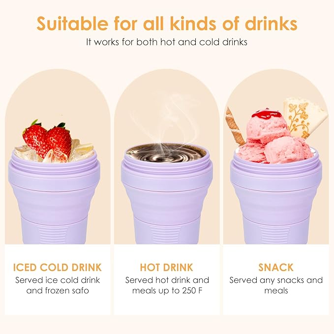 Collapsible Travel Cup - Lilac,20oz/600ml，Leak-Proof Reusable To-Go Pocket Size Silicone Bottle for Hot & Cold Drinks - Camping & Hiking - Dishwasher Safe- Straw included