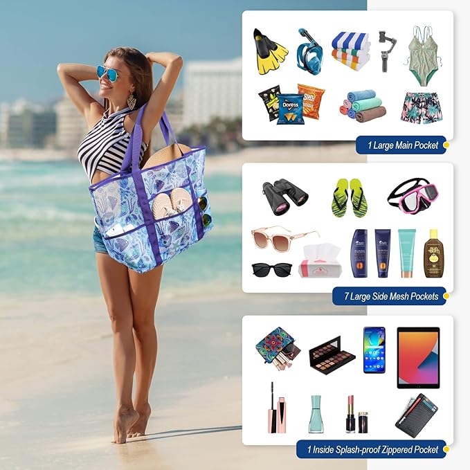 F-color Mesh Beach Bag Family - Large Tote Bag for Cruise Pool Toys Beach Vacation Essentials