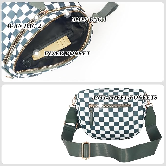 Checkered Crossbody Bag for Women, Spacious Sling & Stylish Bum Bag for Travel, Concerts, Festival, Nylon Fanny Pack Belt Bag (Colour Bum Bag-Beans Green Checkered)