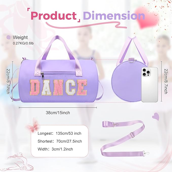 Dance Bag for Girls, KUIRAN 23L Waterproof Travel Duffel Bag with Colorful Chenille Letter, Lightweight Small Gym Sport Ballet Weekender Bag with Large Main Compartment - Purple/Pink/White