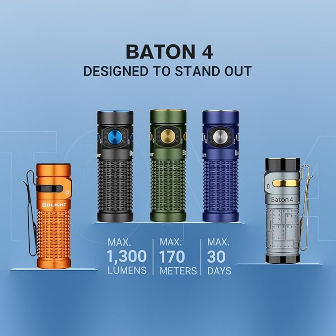 OLIGHT Baton4 Rechargeable EDC Flashlight, Bright Small Flashlight 1300 Lumens with MCC Charging Cable, IPX8 Waterproof, Multiple Modes Pocket Light for Home, Camping, and Emergencies (Orange)