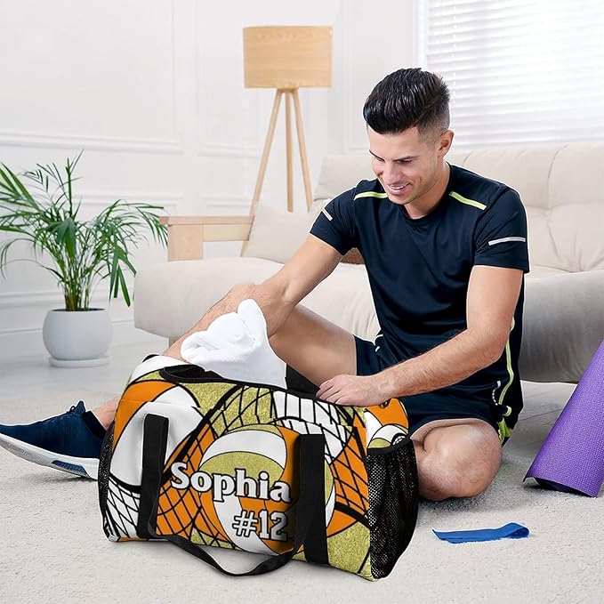 Custom Volleyball Orange Gold Duffel Bag with Name Personalized Travel Bags Sport Gym Bag Carry On Weekender Bags for Men Women