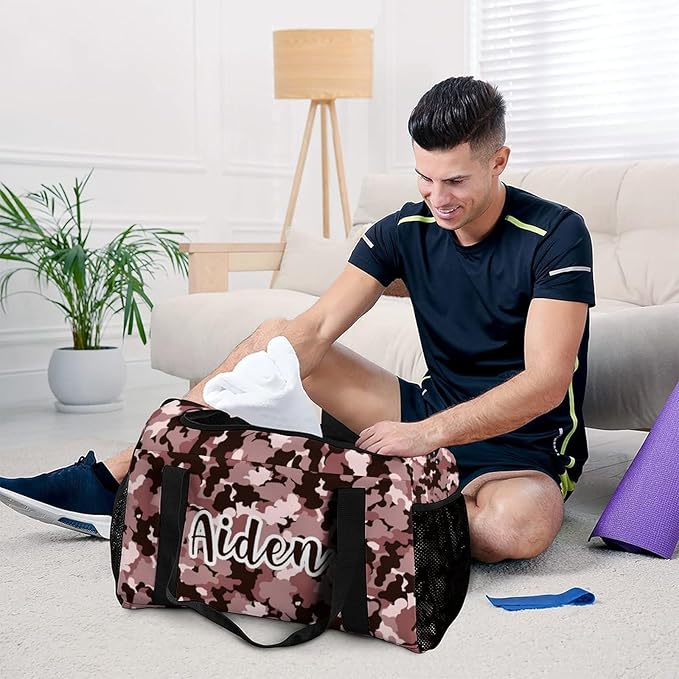 Personalized Pink Khaki Brown Camouflage Camo Duffle Bag with Name for Women Man Tote Bag Custom Travel Perform Training Bag Gym Bags