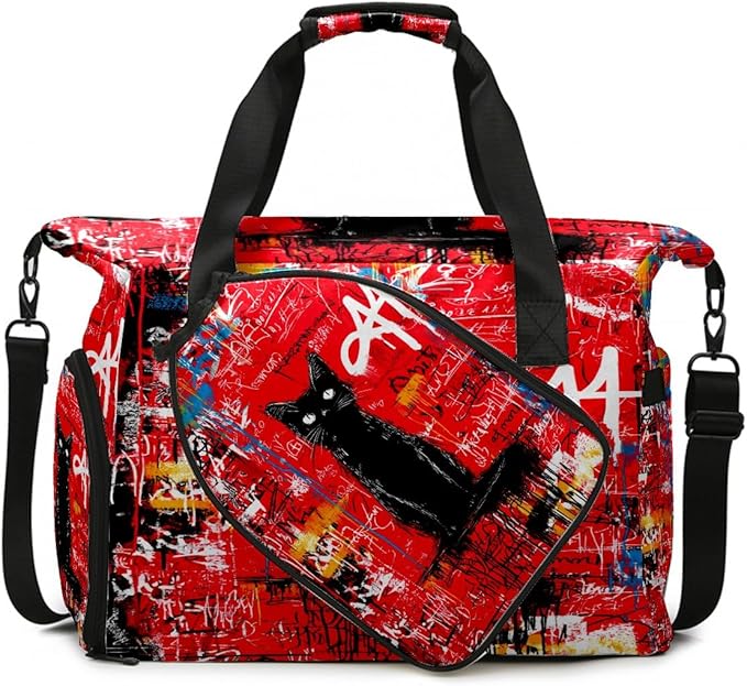 Artistic Black Cat Red Gym Bag for Women & Tennis Bag, Large Sports Duffel Bag Waterproof with Ventilated Shoe Compartment & Front Racket Sleeve, Lightweight Travel Weekender Overnight Bag