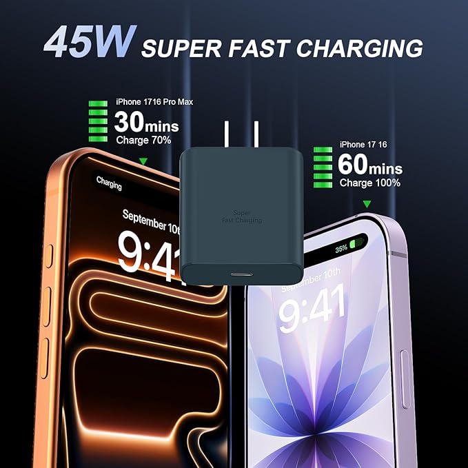 Phone 17 16 Pro Max Charger Fast Charging, 45W USB C Phone 17 16 Super Fast Charger Block with 10ft Long Type C Charging Cable Cord for i.Phone 17 Pro Max/17 Pro/17 Air/17/16/16Pro/16 ProMax-Navy blue