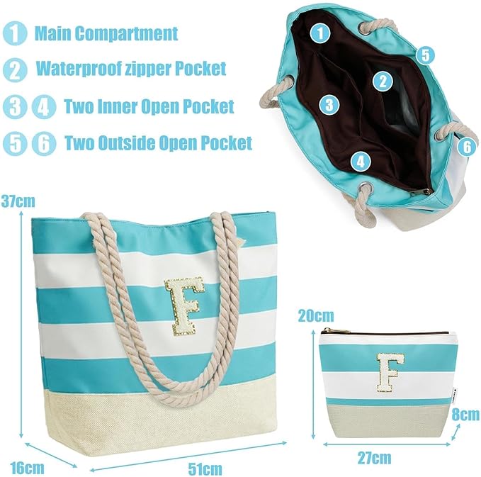 Vavabox Initial Beach Tote Bag for Women, Water-resistant Foldable Travel Beach Bag Set, Birthday Gifts for Women Mom