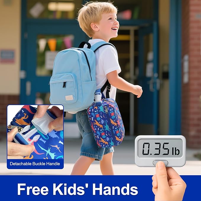 Bagseri Kids Snack Bag Boys - Small Reusable Mini Cooler Pouch, Insulated 3.9L Food Carrier with Buckle Handle for School and Daycare, Fits in Backpack, Blue Dinosaur