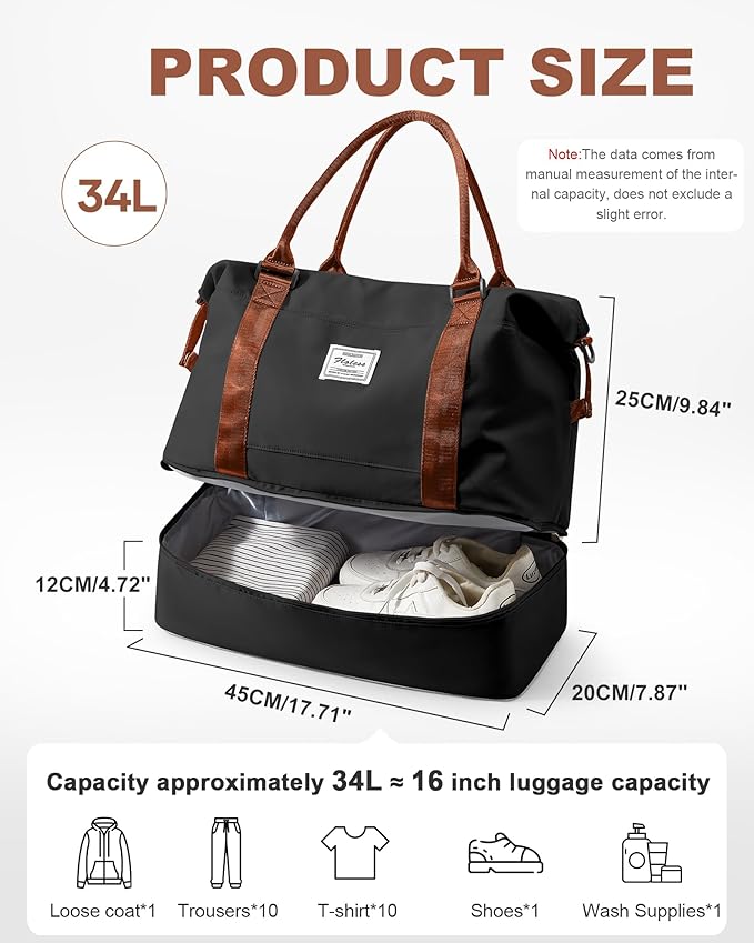 Spirit Travel Duffel - 18x14x8 Inches Weekender Overnight Bag with Shoes Compartment, Trolley Sleeve & Carry On for Airplanes, Sport Tote Gym Bag - Black/Brown
