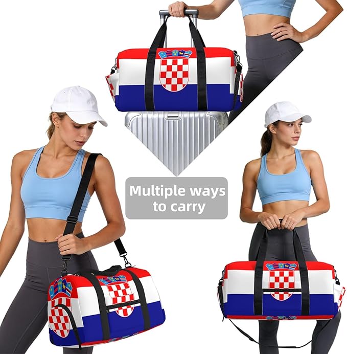 Republic of Croatia flag Print Gym Bag with Shoe Compartment for Women Men, 17.7in Sports Duffle Weekender Tote, Overnight Travel Duffel Bag Carry On