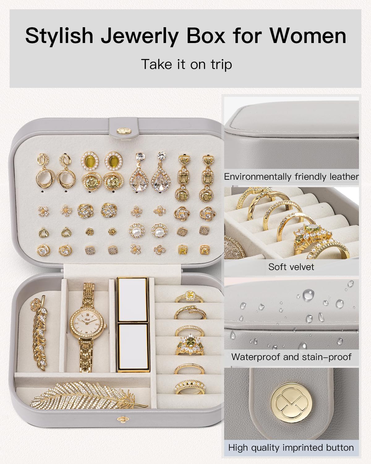 Vlando Travel Jewelry Case, PU Leather Travel Jewelry Box with Earring Holder, Portable Display Small Jewelry Box for Mothers Day Women Girls Gift - Grey