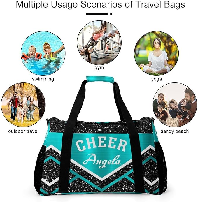 Personalized Name Sports Player Duffel Bags with Adjustable Shoulder Strap for Shoes Cheer Teal Blue Cheerleading Stripes Handheld Crossbody Travel Bag