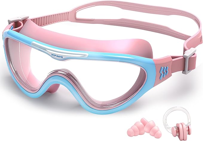 Kids Swim Goggles for Kids 6-14, Anti-Fog & UV400 Lens, Comfortable Silicone Design, Includes Nose Clip & Earplugs