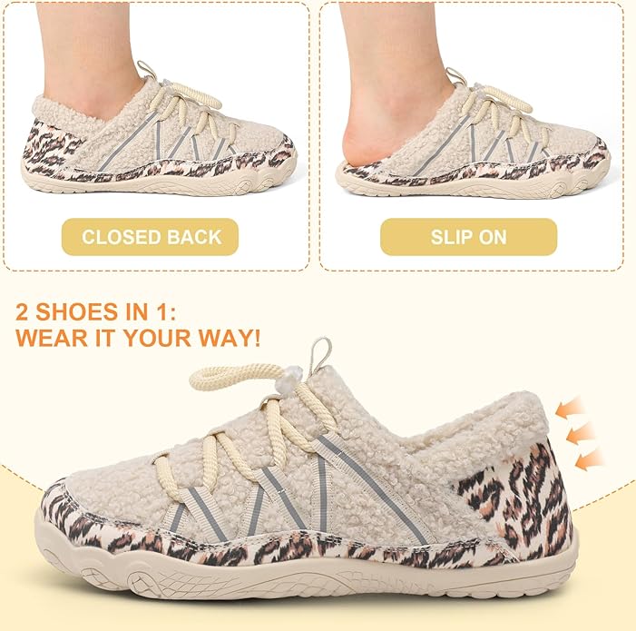 relxfeet Women's Wide Width Slippers Cozy Furry Barefoot House Shoes with Adjustable Fit Non-Slip Indoor Outdoor Slippers for Diabetic Bunion Swollen Feet Friendly