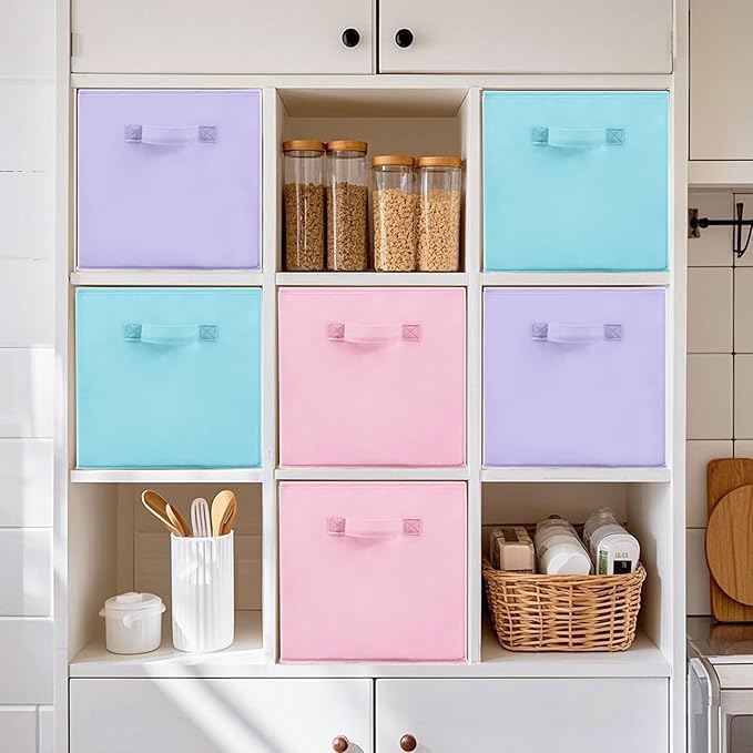 11 Inch Fabric Storage Cubes, Sturdy Foldable Storage Bins, Heavy Duty Cube Organizer for Clothes, Blankets, Shelves, Closets, Bedroom, Living Room, Multi-Color, 3 Pack