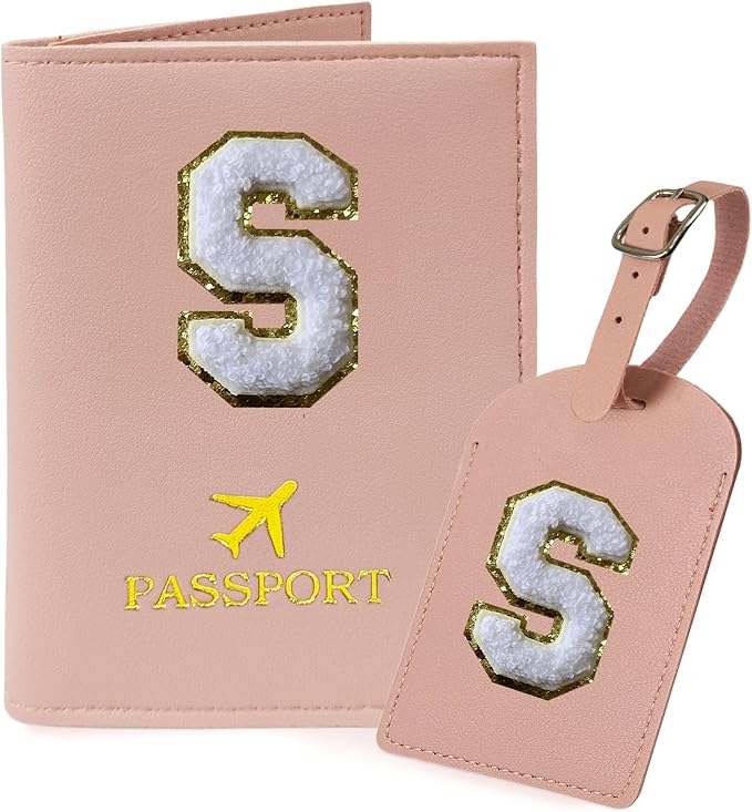 COSHAYSOO Passport Cover Holder and Luggage Tag Set with Initial Chenille Letter Patch A-Z for Women Teenage Girls, Vaccine Card Slot Travel Bag Suitcase Identifier Pink S