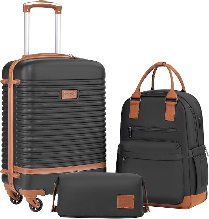 Coolife Suitcase Set 3 Piece Luggage Set Carry On Travel Luggage TSA Lock Spinner Wheels Hardshell Lightweight Luggage Set(Black, 3 piece set (BP/TB/20))