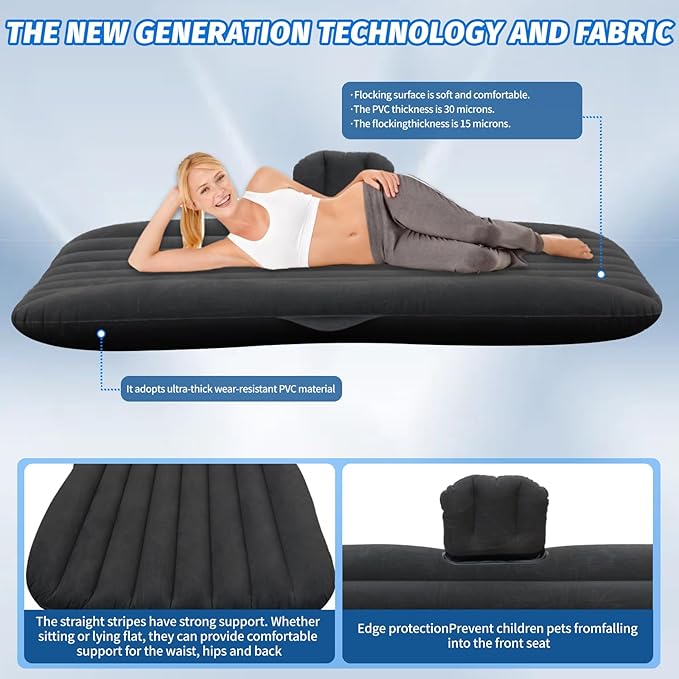 Inflatable Car Air Mattress Back Seat Bed with Air Pump,55 "x 35" Portable Thickened Car Travel Camping Sleeping Air Mattress Blow Up Bed for Car Universal SUV
