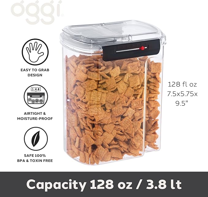 Oggi Easi Grip 60oz Moisture Proof Storage Container, Ultra Clear BPA-Free Sealable Canister, Flip Open Pouring Lid, Date Reminder Slider on Clip, Ideal Cereal Dispenser (60oz / 1.8lt)