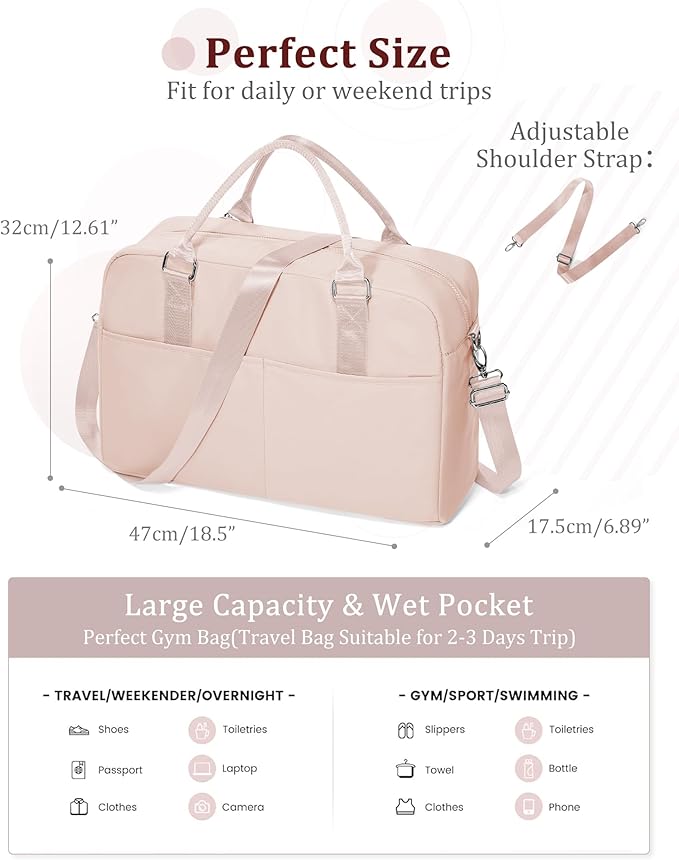Gym Bag for Women,Travel Duffle Bag for Travel with Wet Pocket Weekender Overnight Carry On Tote Bag Luggage Bag with Trolley Sleeve Personal Item Travel Bag Hospital Diaper Bag Pink