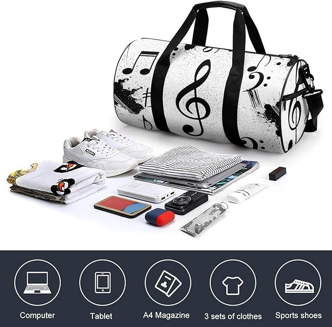 Basketball Football Weekender Bag Dance Sports Gymnastics Bag Lightweight Travel Sports Bags (Black And White Music Notes)